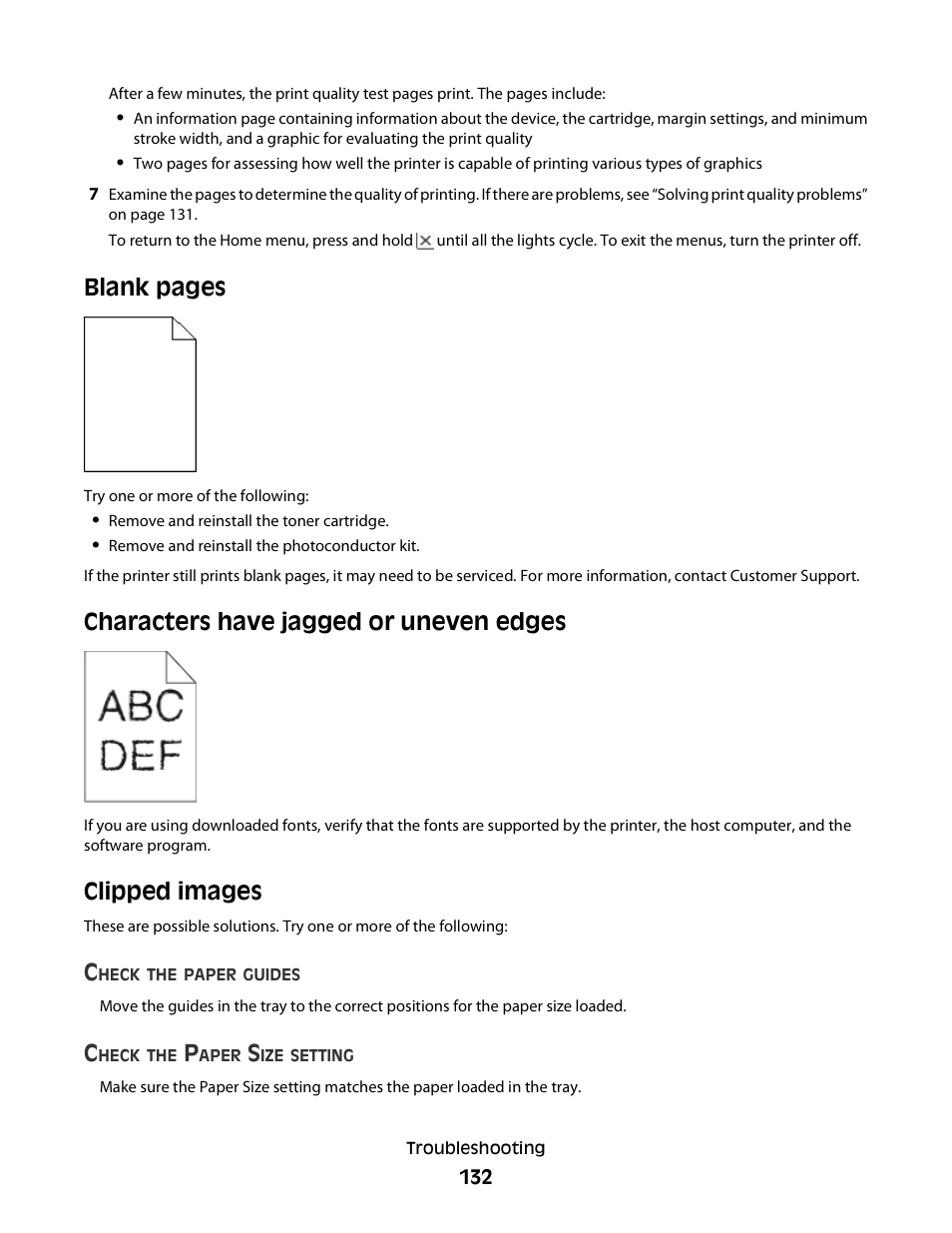 Characters have jagged or uneven edges, Clipped images, Blank pages | Minolta E260 User Manual | Page 132 / 156