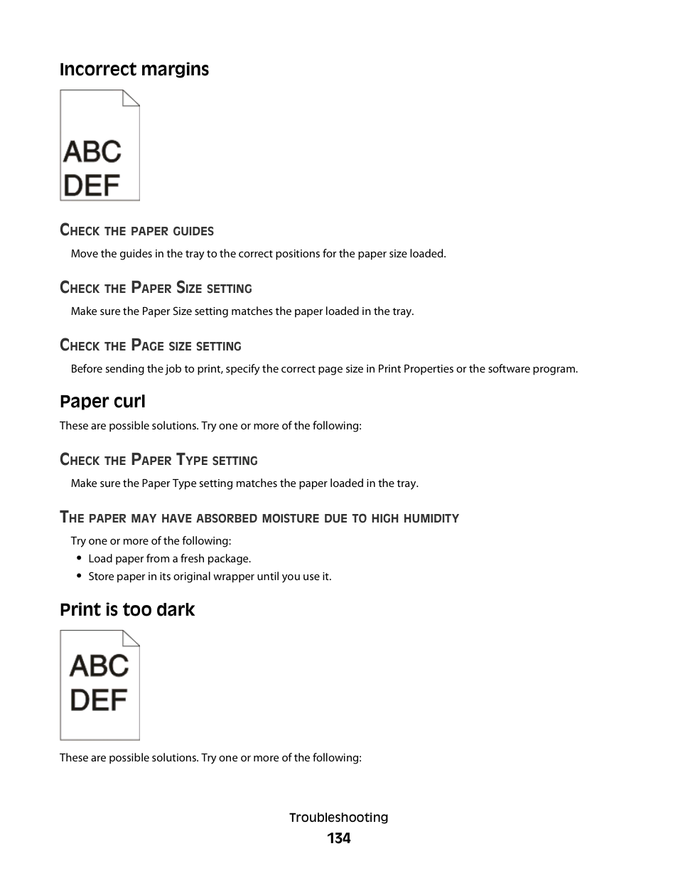 Incorrect margins, Paper curl, Print is too dark | Incorrect margins paper curl print is too dark, Incorrect margins c | Minolta E260 User Manual | Page 134 / 156