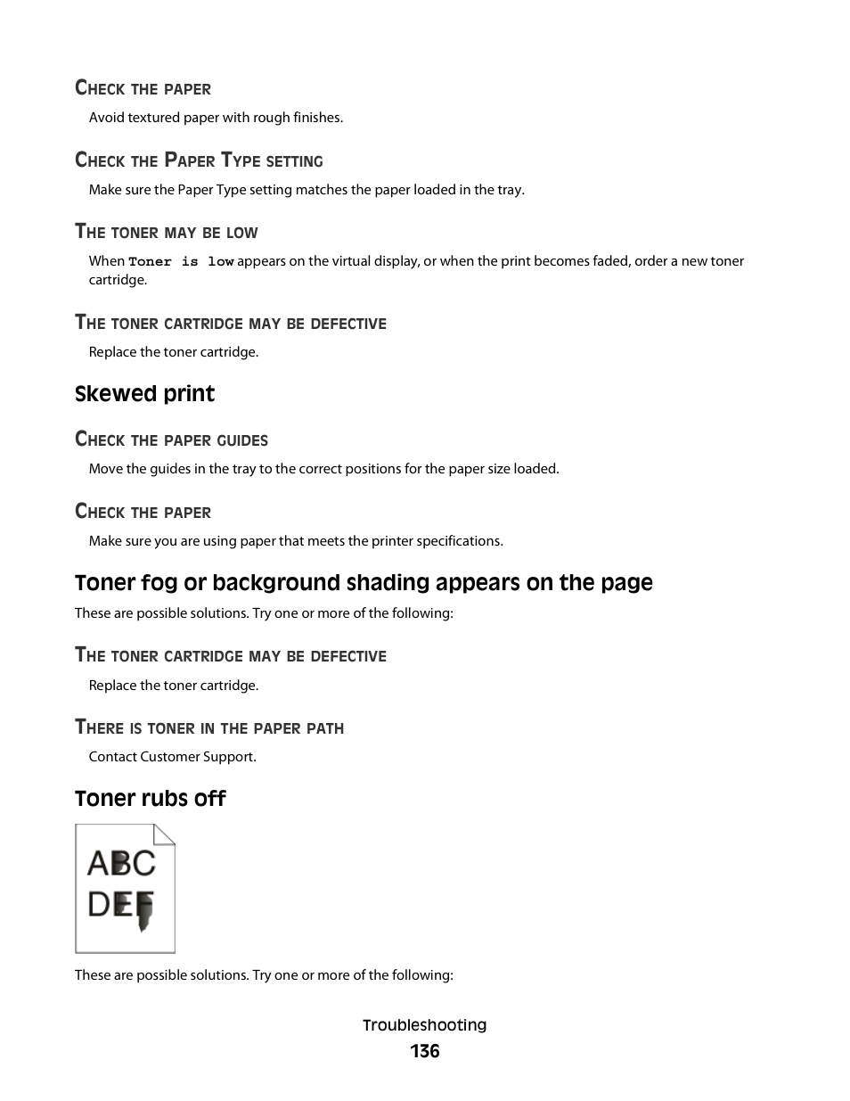 Skewed print, Toner rubs off, Skewed print c | Minolta E260 User Manual | Page 136 / 156