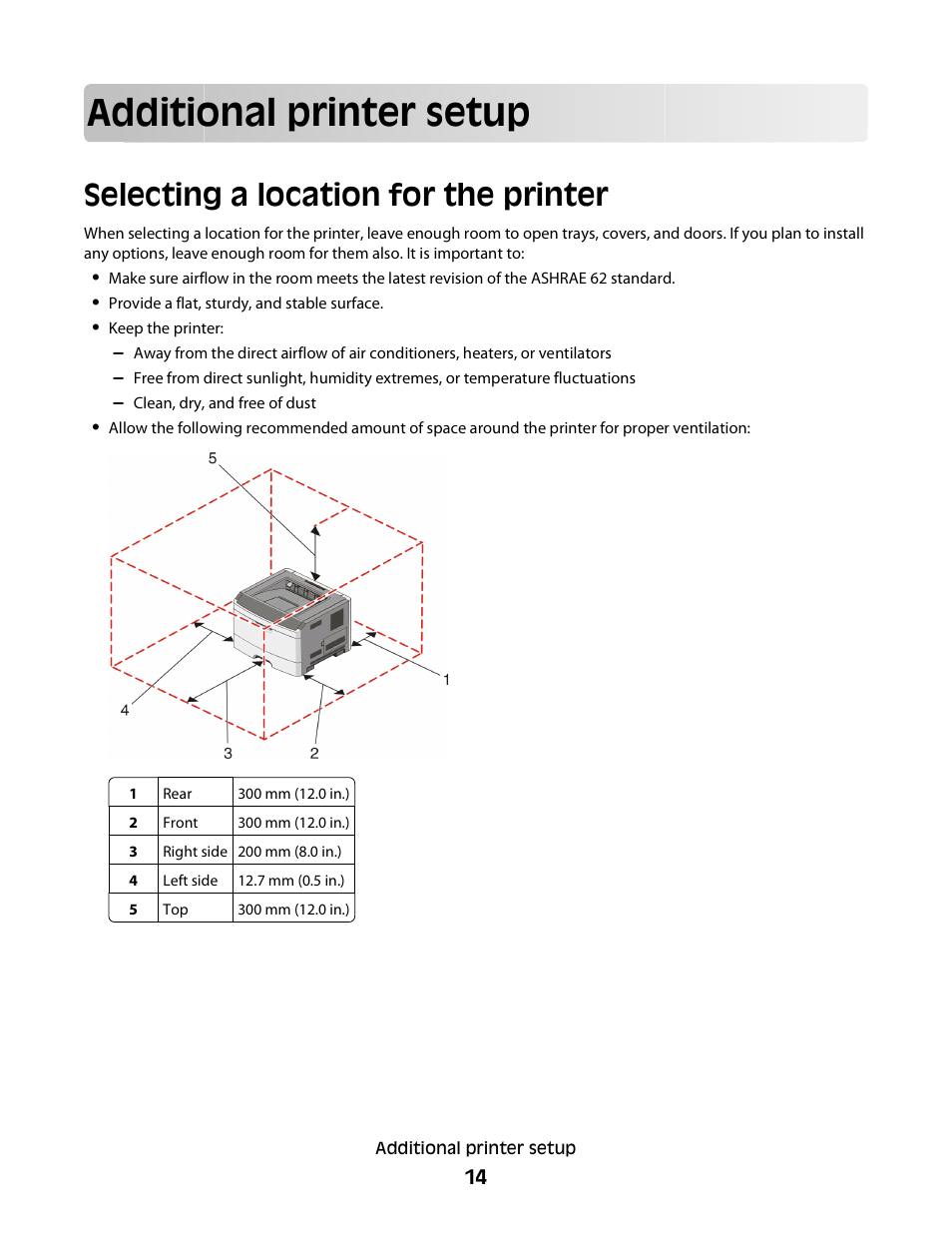 Additional printer setup, Selecting a location for the printer | Minolta E260 User Manual | Page 14 / 156