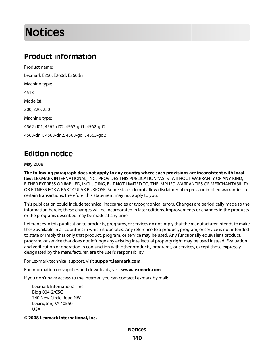 Notices, Product information, Edition notice | Minolta E260 User Manual | Page 140 / 156