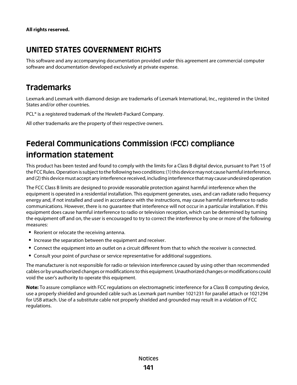 United states government rights, Trademarks | Minolta E260 User Manual | Page 141 / 156