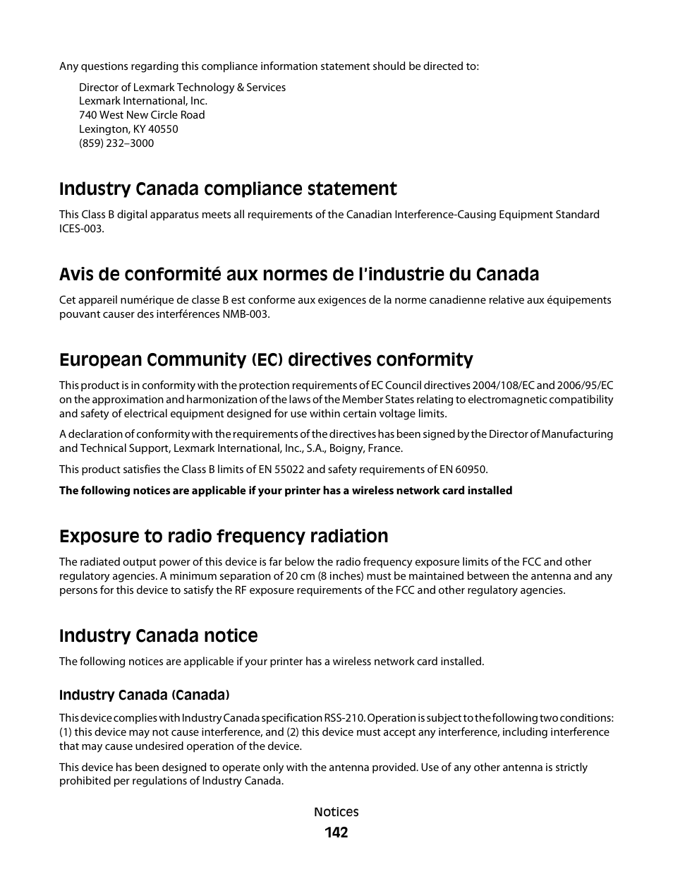 European community (ec) directives conformity, Exposure to radio frequency radiation, Industry canada notice | Industry canada compliance statement | Minolta E260 User Manual | Page 142 / 156