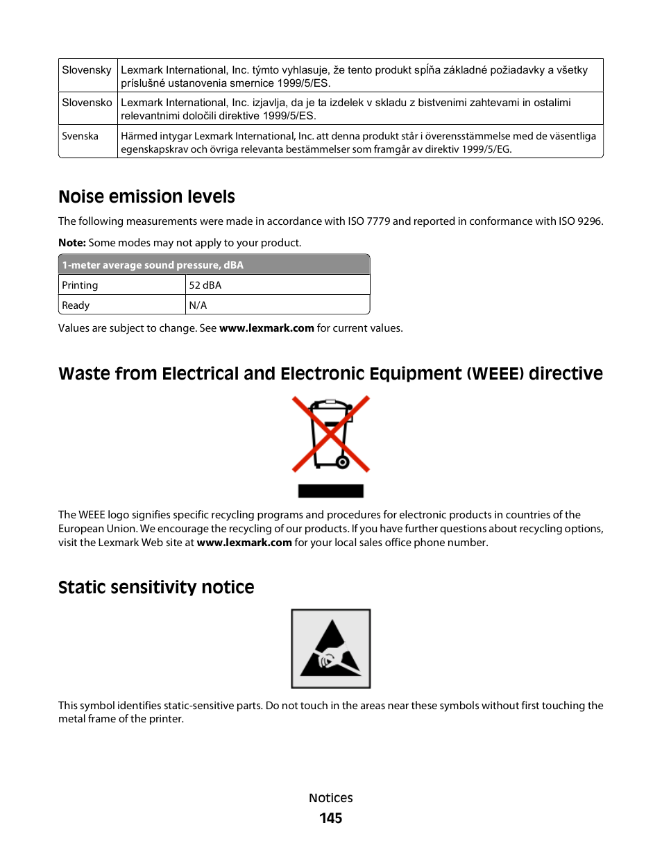 Noise emission levels, Static sensitivity notice | Minolta E260 User Manual | Page 145 / 156