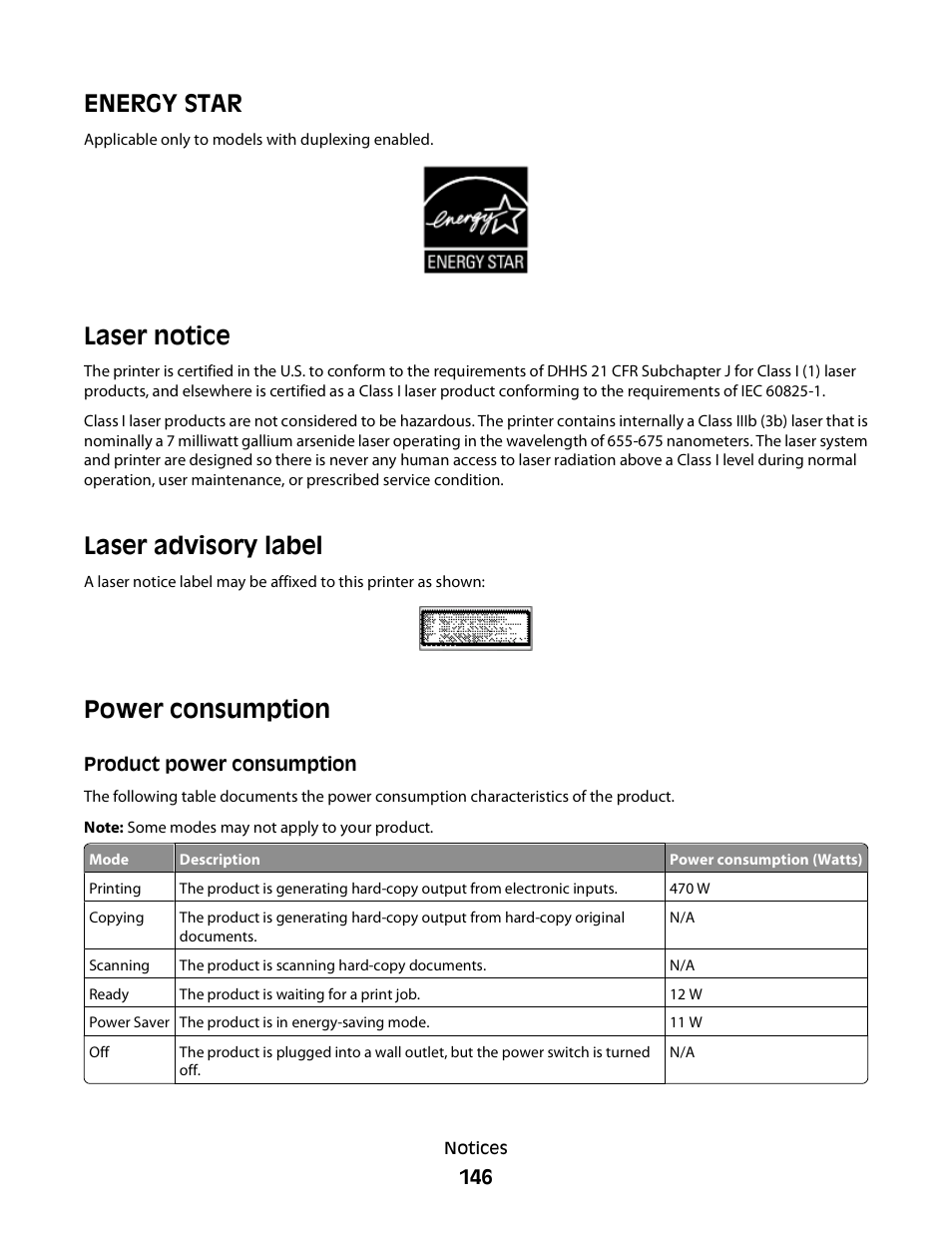 Energy star, Laser notice, Laser advisory label | Power consumption, Product power consumption | Minolta E260 User Manual | Page 146 / 156