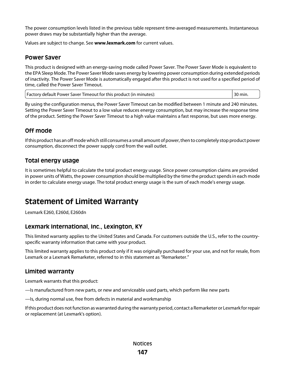 Power saver, Off mode, Total energy usage | Statement of limited warranty | Minolta E260 User Manual | Page 147 / 156