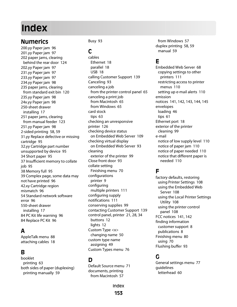 Index, Numerics | Minolta E260 User Manual | Page 153 / 156