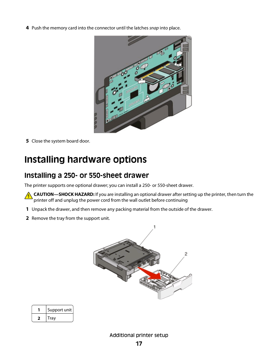 Installing hardware options, Installing a 250- or 550-sheet drawer | Minolta E260 User Manual | Page 17 / 156