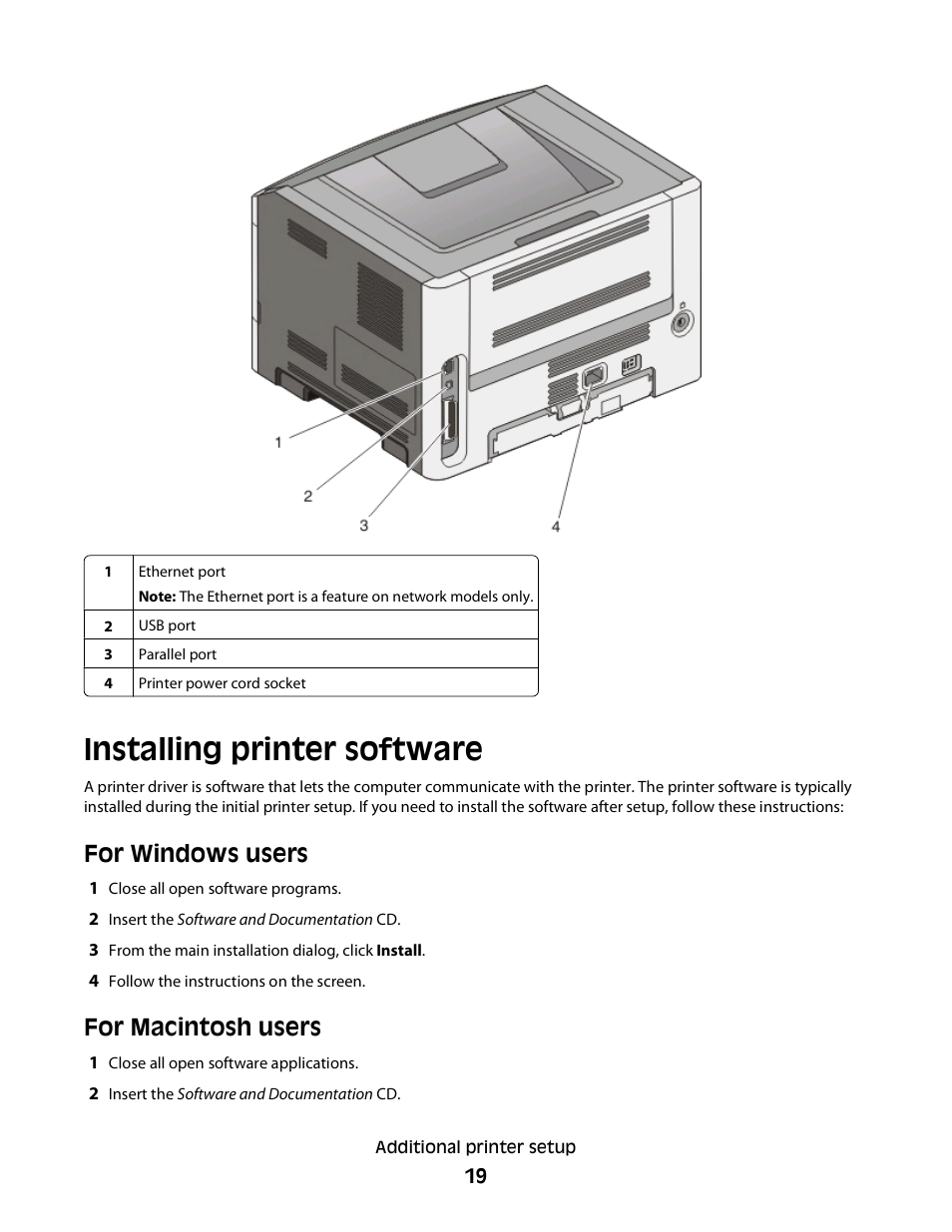 Installing printer software, For windows users, For macintosh users | Minolta E260 User Manual | Page 19 / 156