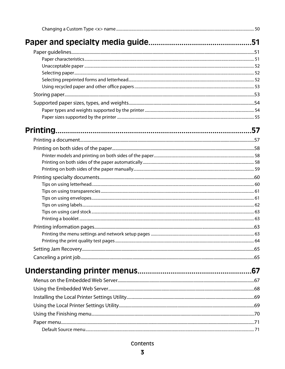 Paper and specialty media guide, Printing, Understanding printer menus | Minolta E260 User Manual | Page 3 / 156