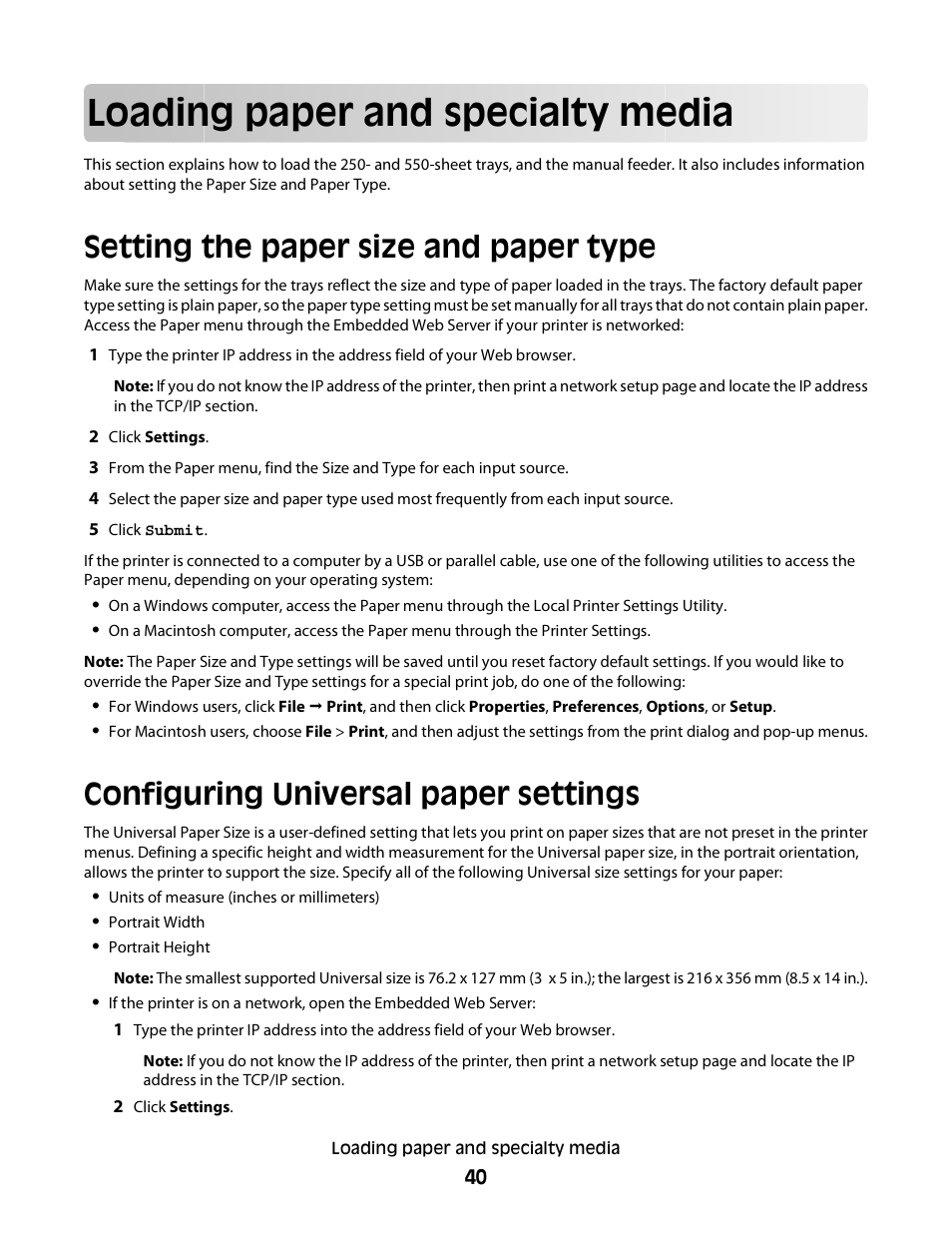Loading paper and specialty media, Setting the paper size and paper type, Configuring universal paper settings | Minolta E260 User Manual | Page 40 / 156
