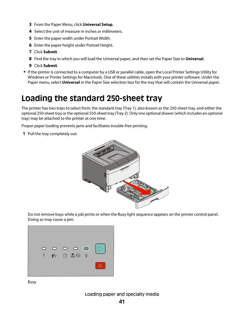 Loading the standard 250-sheet tray | Minolta E260 User Manual | Page 41 / 156