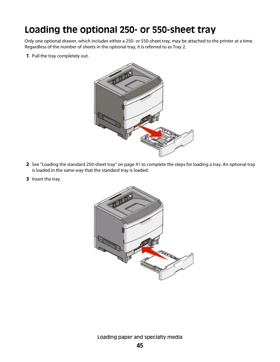 Loading the optional 250- or 550-sheet tray | Minolta E260 User Manual | Page 45 / 156