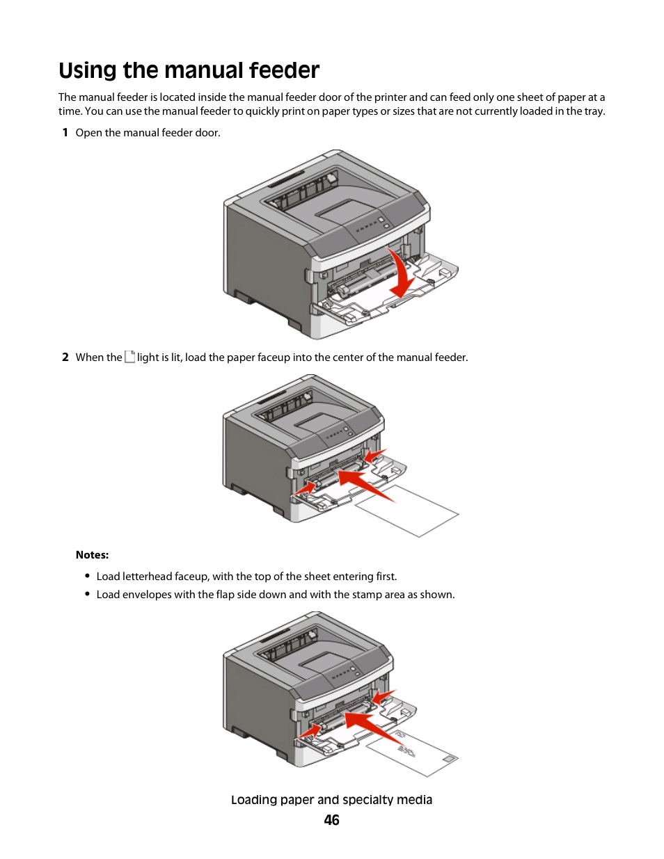 Using the manual feeder | Minolta E260 User Manual | Page 46 / 156