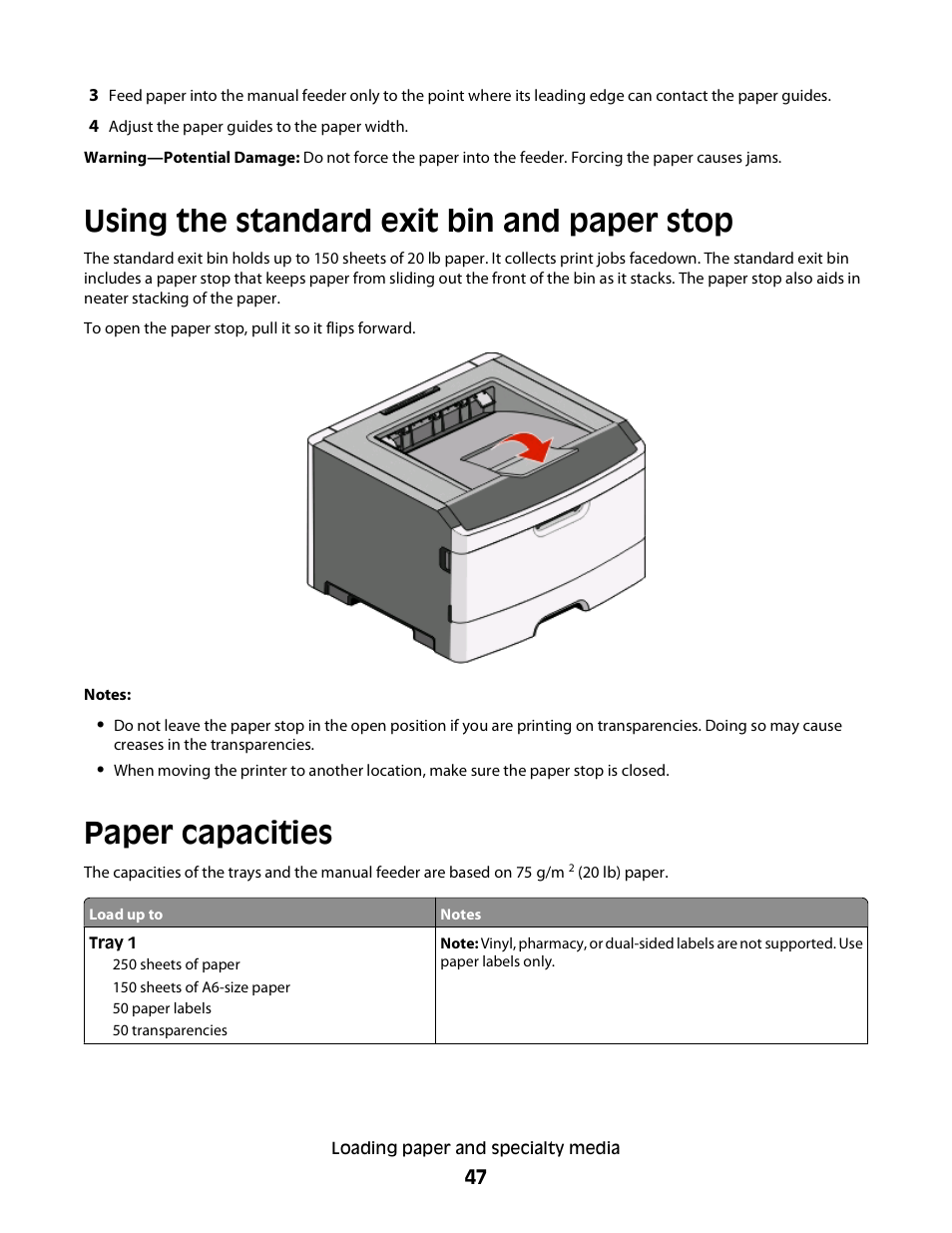 Using the standard exit bin and paper stop, Paper capacities | Minolta E260 User Manual | Page 47 / 156