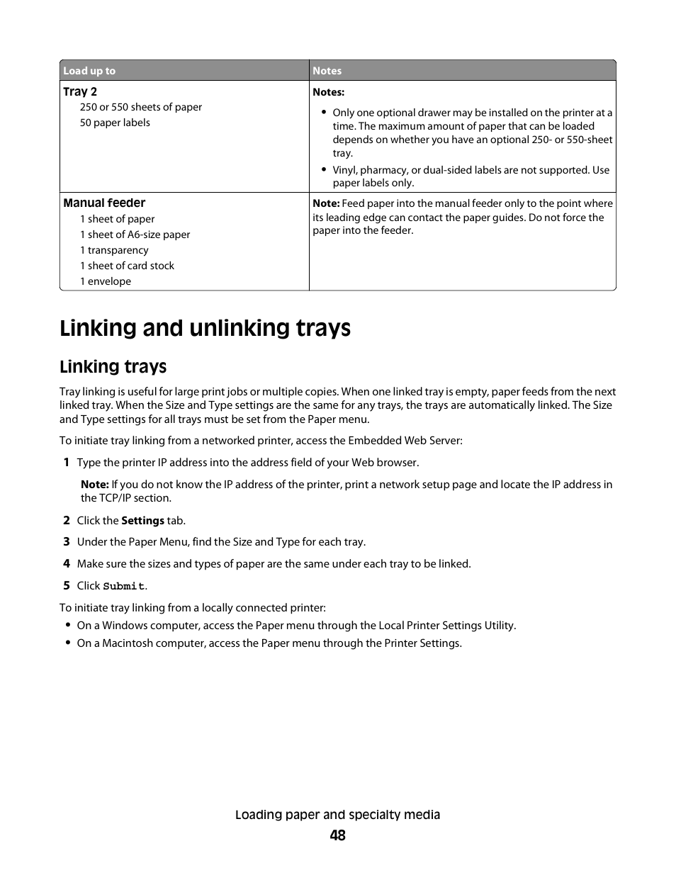 Linking and unlinking trays, Linking trays | Minolta E260 User Manual | Page 48 / 156