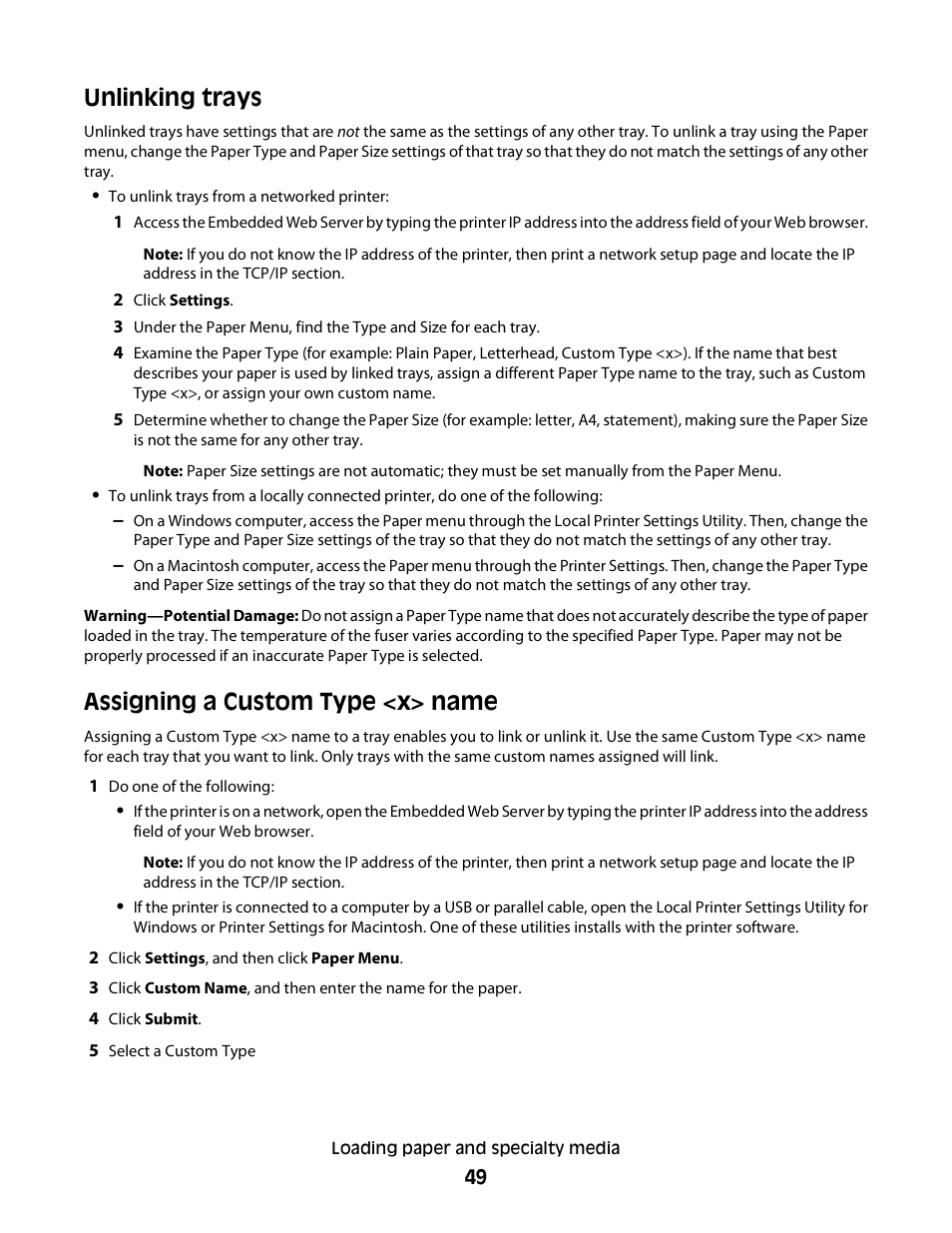 Unlinking trays, Assigning a custom type <x> name | Minolta E260 User Manual | Page 49 / 156