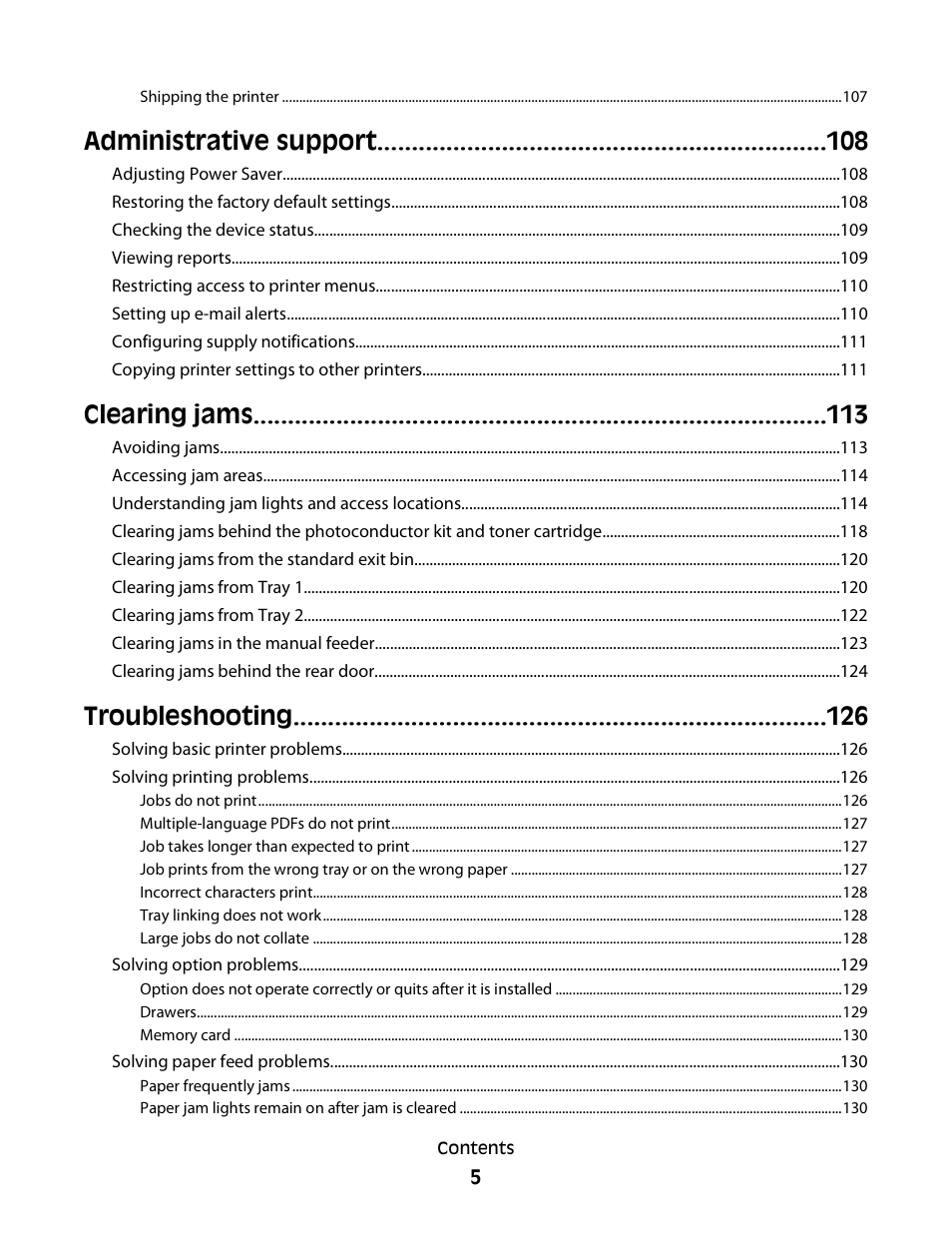 Administrative support, Clearing jams, Troubleshooting | Minolta E260 User Manual | Page 5 / 156