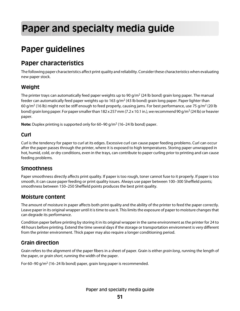 Paper and specialty media guide, Paper guidelines, Paper characteristics | Minolta E260 User Manual | Page 51 / 156