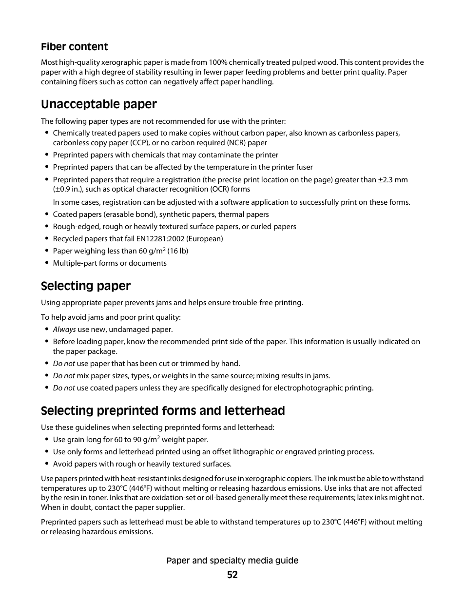 Unacceptable paper, Selecting paper, Selecting preprinted forms and letterhead | Minolta E260 User Manual | Page 52 / 156