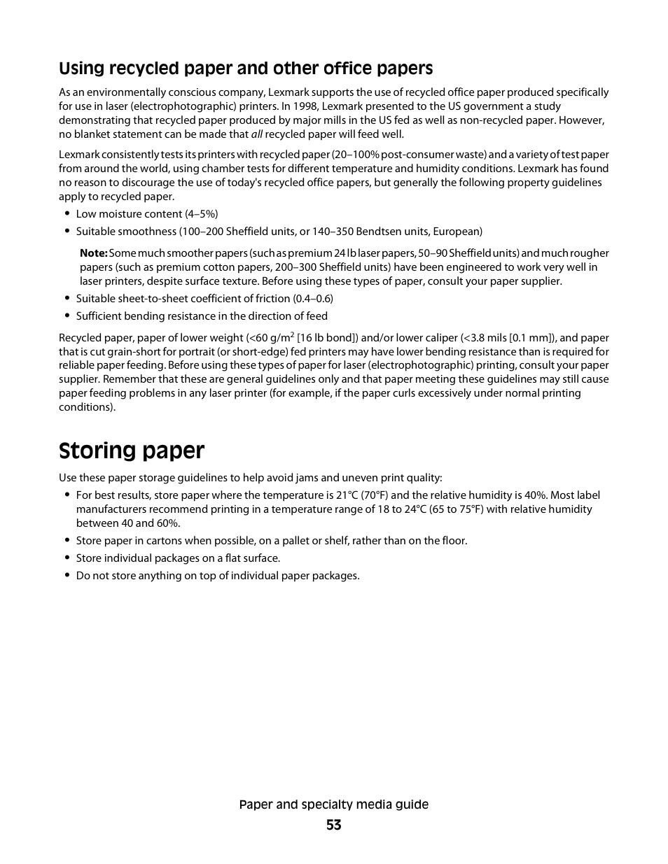 Using recycled paper and other office papers, Storing paper | Minolta E260 User Manual | Page 53 / 156