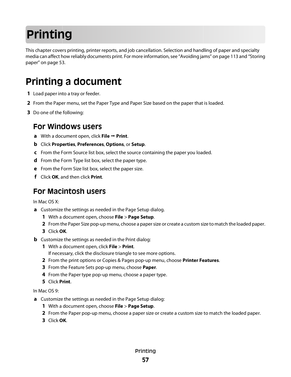 Printing, Printing a document, For windows users | For macintosh users | Minolta E260 User Manual | Page 57 / 156