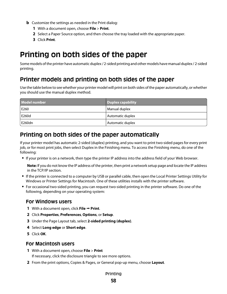 Printing on both sides of the paper, Printing on both sides of the paper automatically | Minolta E260 User Manual | Page 58 / 156