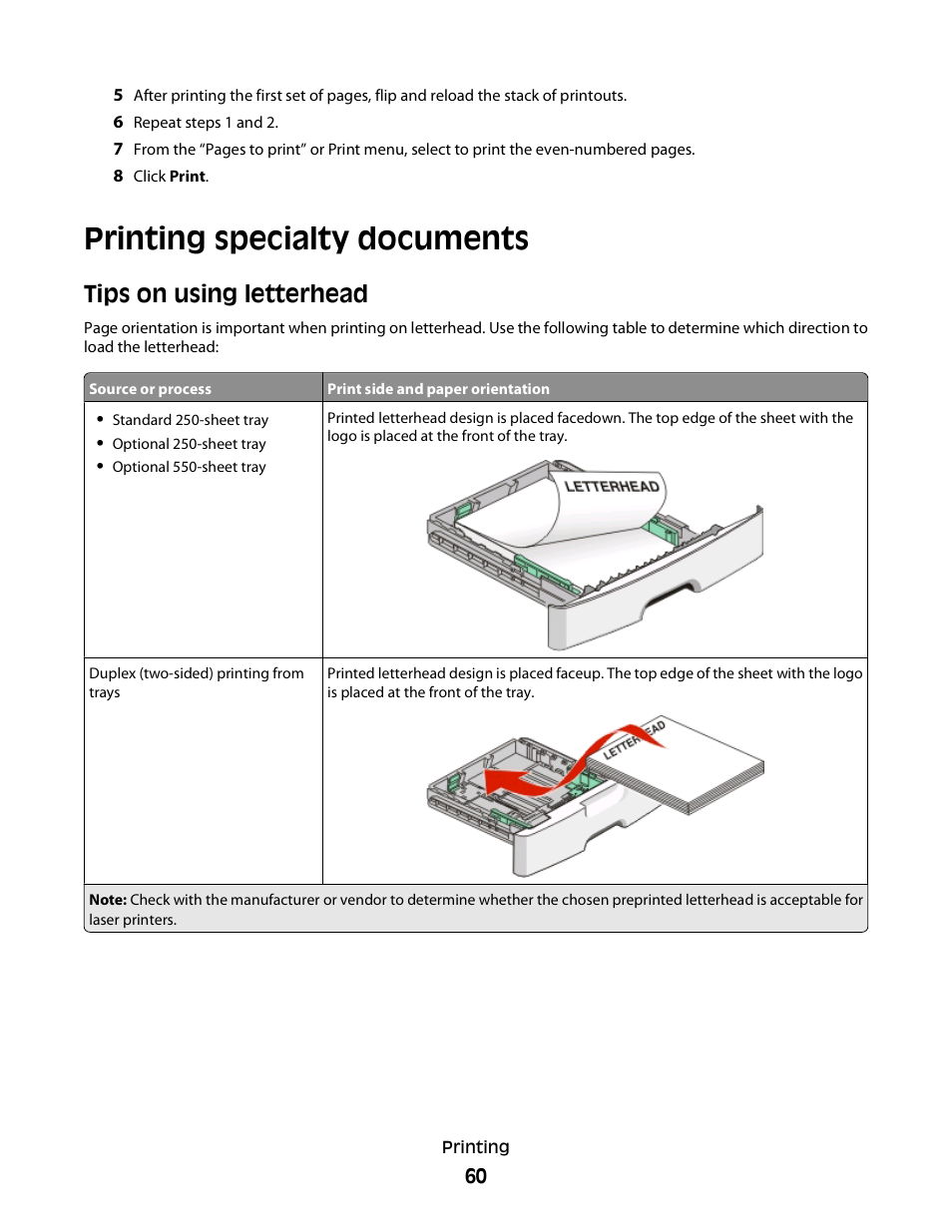 Printing specialty documents, Tips on using letterhead | Minolta E260 User Manual | Page 60 / 156