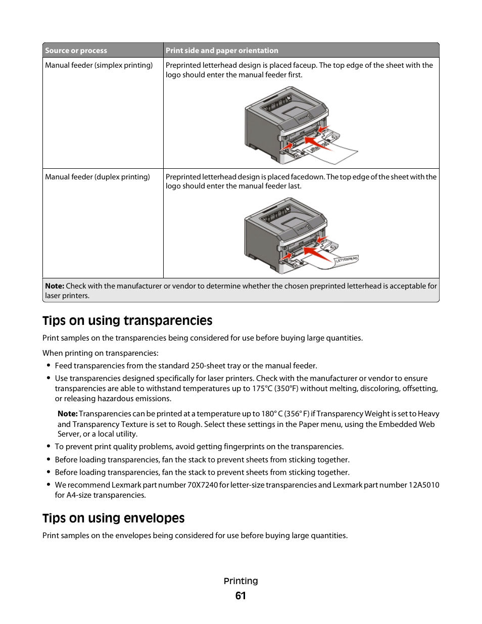 Tips on using transparencies, Tips on using envelopes | Minolta E260 User Manual | Page 61 / 156