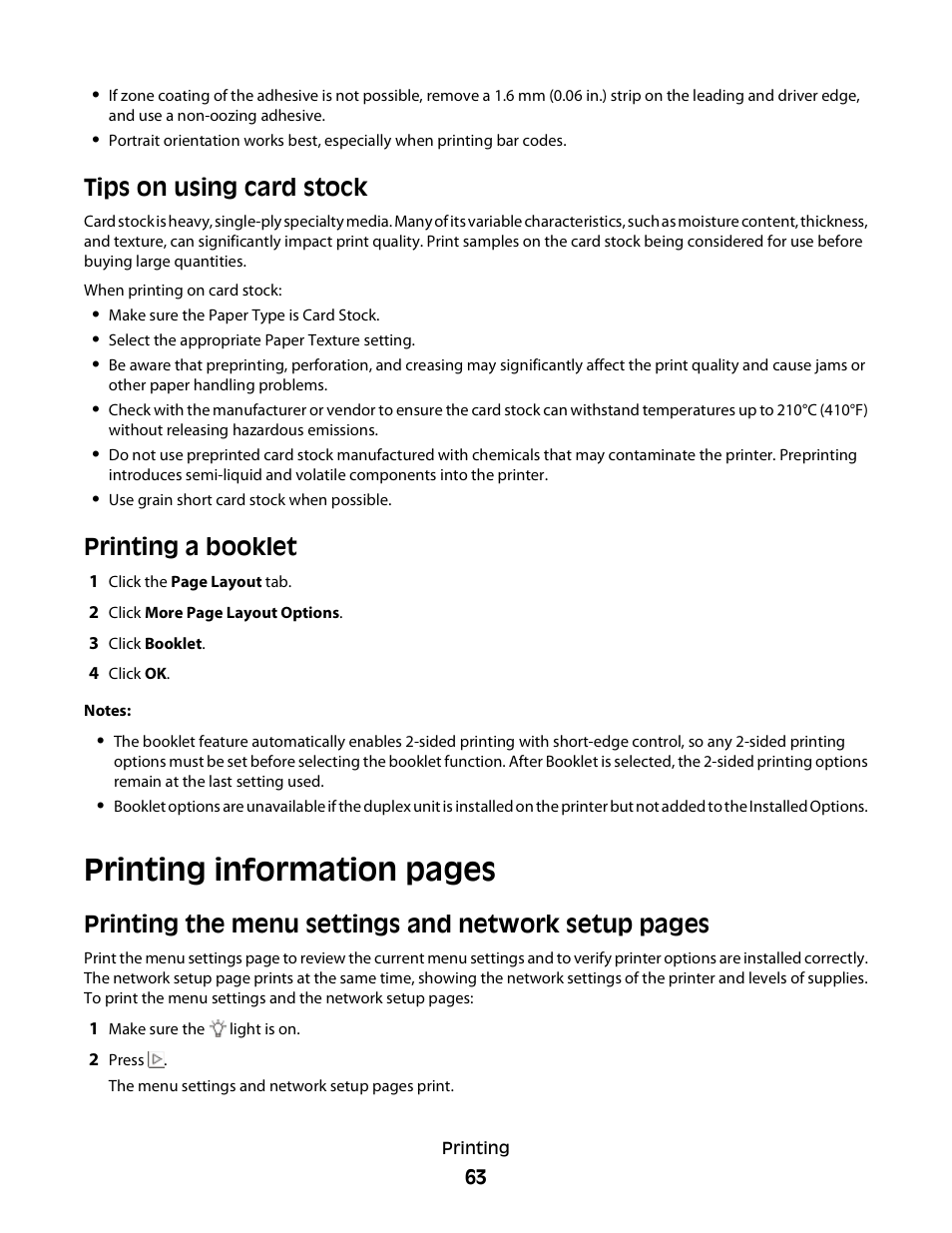 Tips on using card stock, Printing a booklet, Printing information pages | Printing the menu settings and network setup pages | Minolta E260 User Manual | Page 63 / 156
