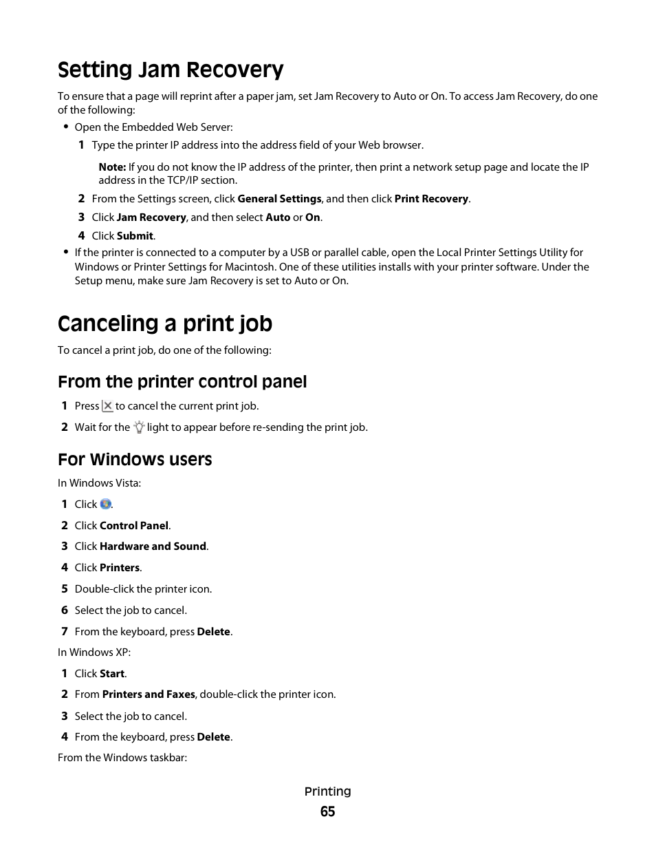 Setting jam recovery, Canceling a print job, For windows users | Minolta E260 User Manual | Page 65 / 156