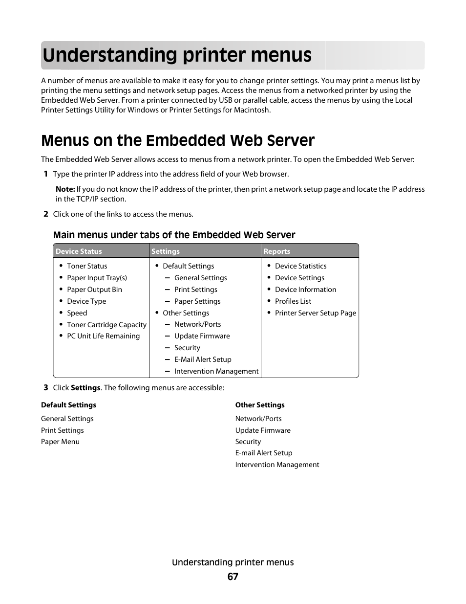 Understanding printer menus, Menus on the embedded web server | Minolta E260 User Manual | Page 67 / 156