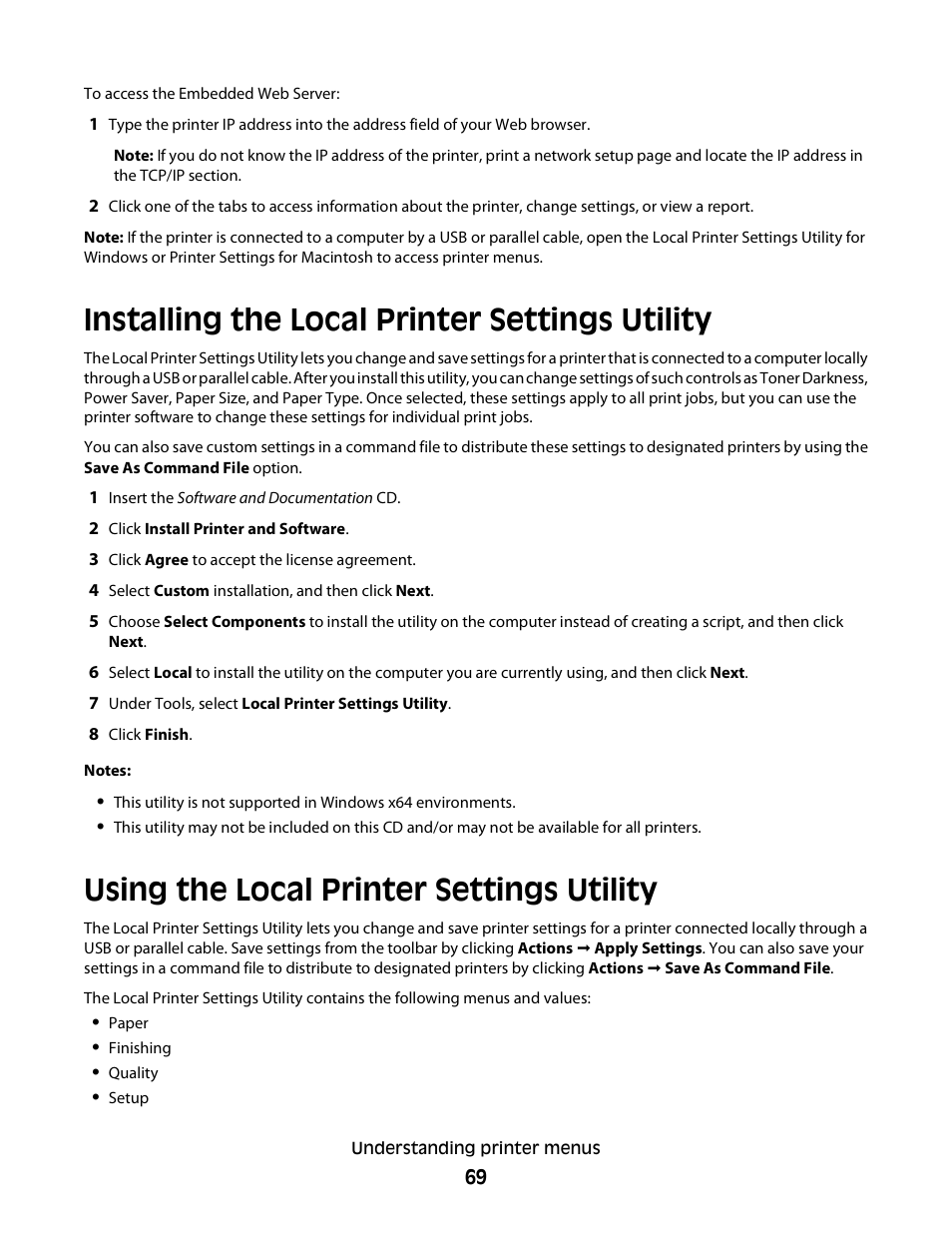 Installing the local printer settings utility, Using the local printer settings utility | Minolta E260 User Manual | Page 69 / 156