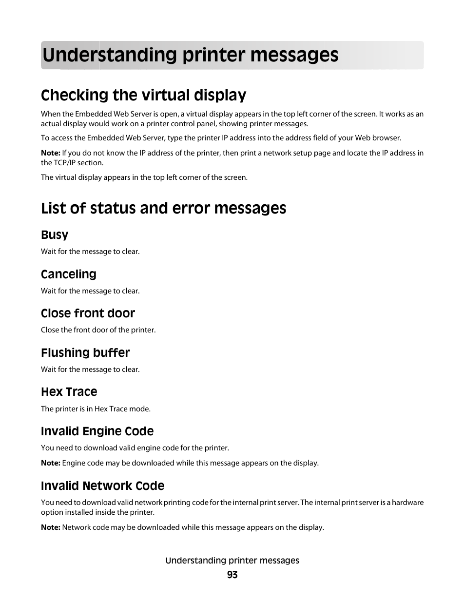Understanding printer messages, Checking the virtual display, List of status and error messages | Busy, Canceling, Close front door, Flushing buffer, Hex trace, Invalid engine code, Invalid network code | Minolta E260 User Manual | Page 93 / 156