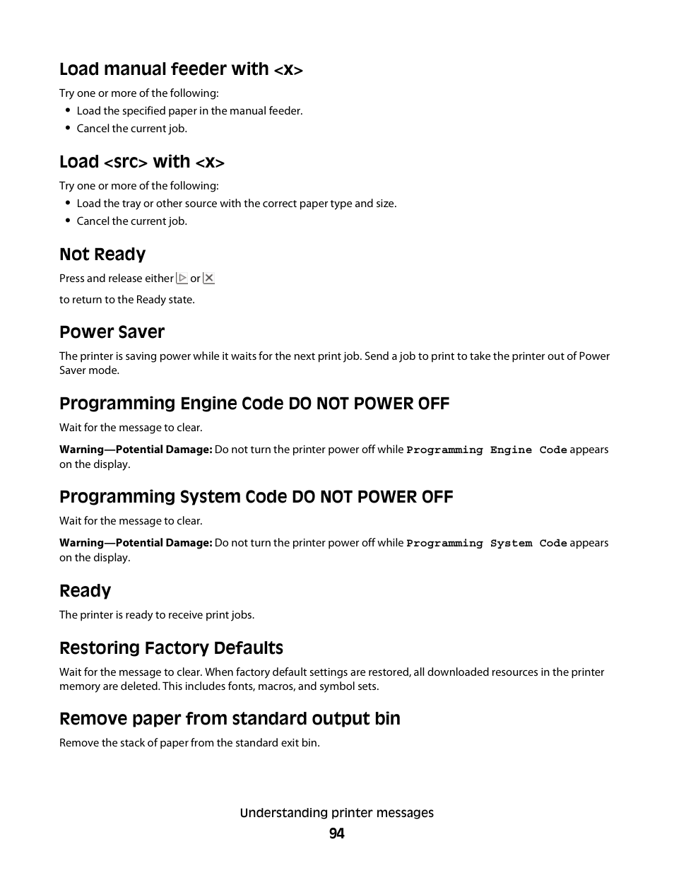 Load manual feeder with <x, Load <src> with <x, Not ready | Power saver, Programming engine code do not power off, Programming system code do not power off, Ready, Restoring factory defaults, Remove paper from standard output bin | Minolta E260 User Manual | Page 94 / 156