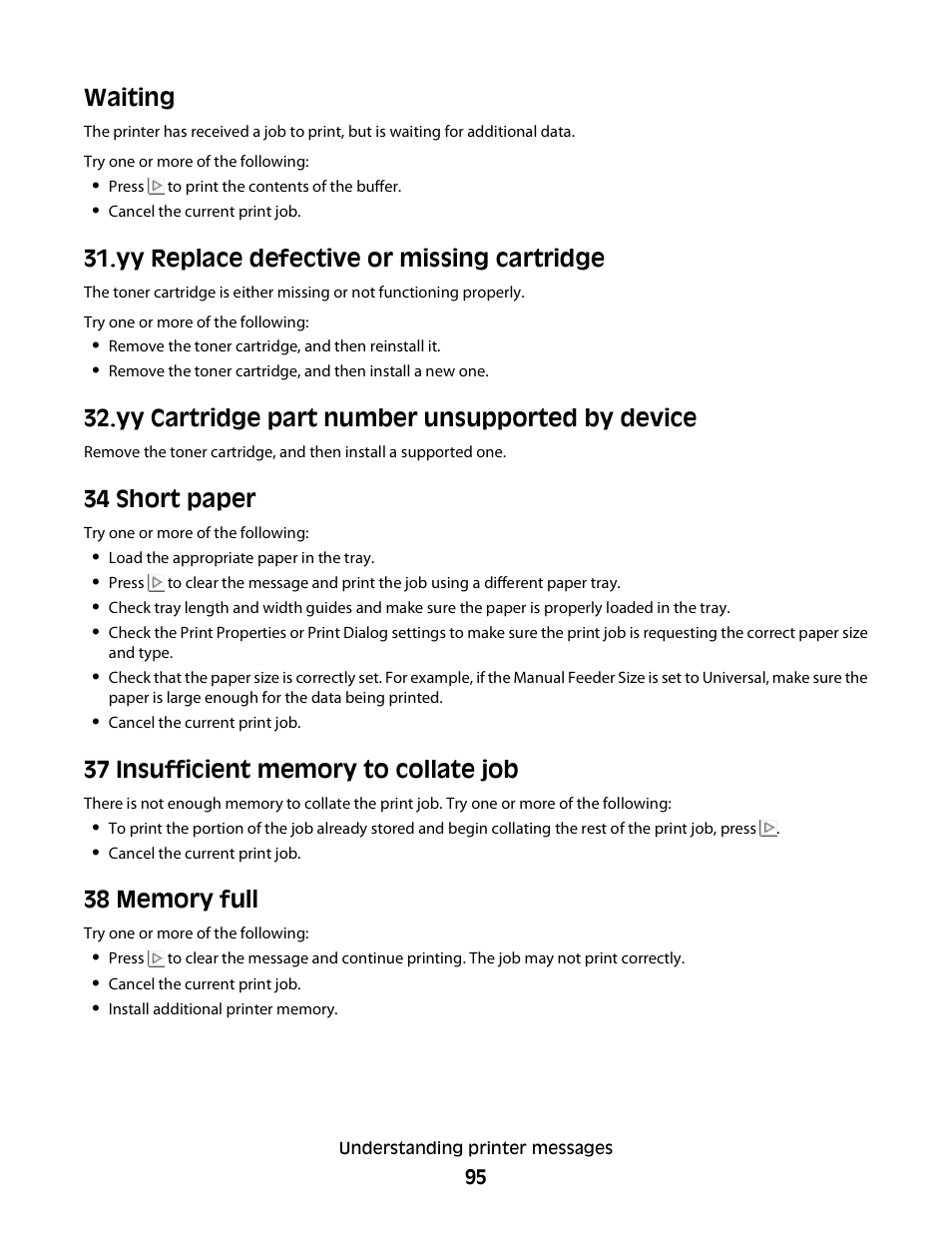 Waiting, Yy replace defective or missing cartridge, Yy cartridge part number unsupported by device | 34 short paper, 37 insufficient memory to collate job, 38 memory full | Minolta E260 User Manual | Page 95 / 156
