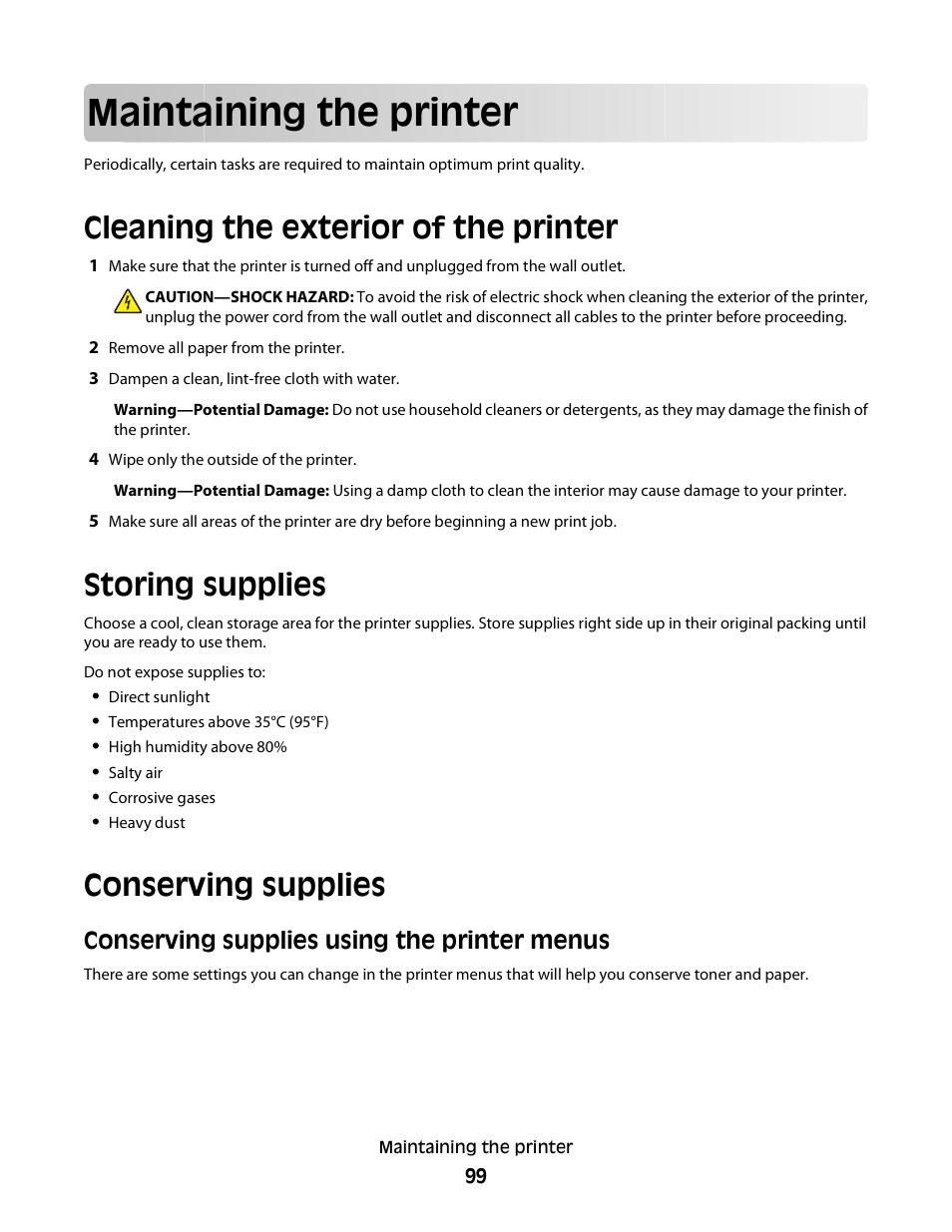 Maintaining the printer, Cleaning the exterior of the printer, Storing supplies | Conserving supplies, Conserving supplies using the printer menus | Minolta E260 User Manual | Page 99 / 156