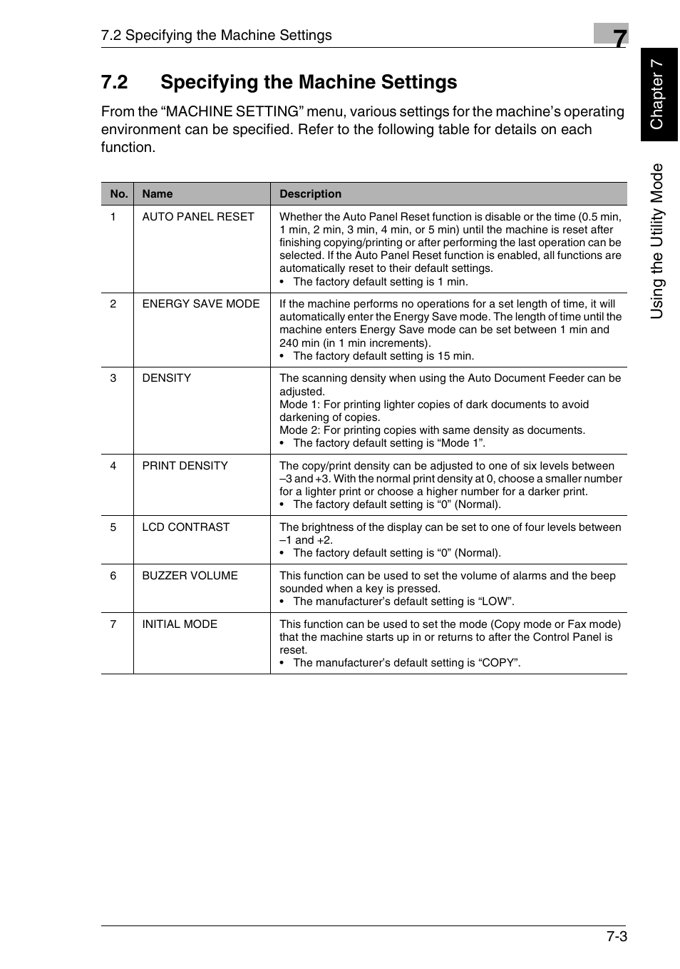 2 specifying the machine settings, Usi ng the util it y m ode ch apte r 7 | Minolta FAX2900 User Manual | Page 140 / 342