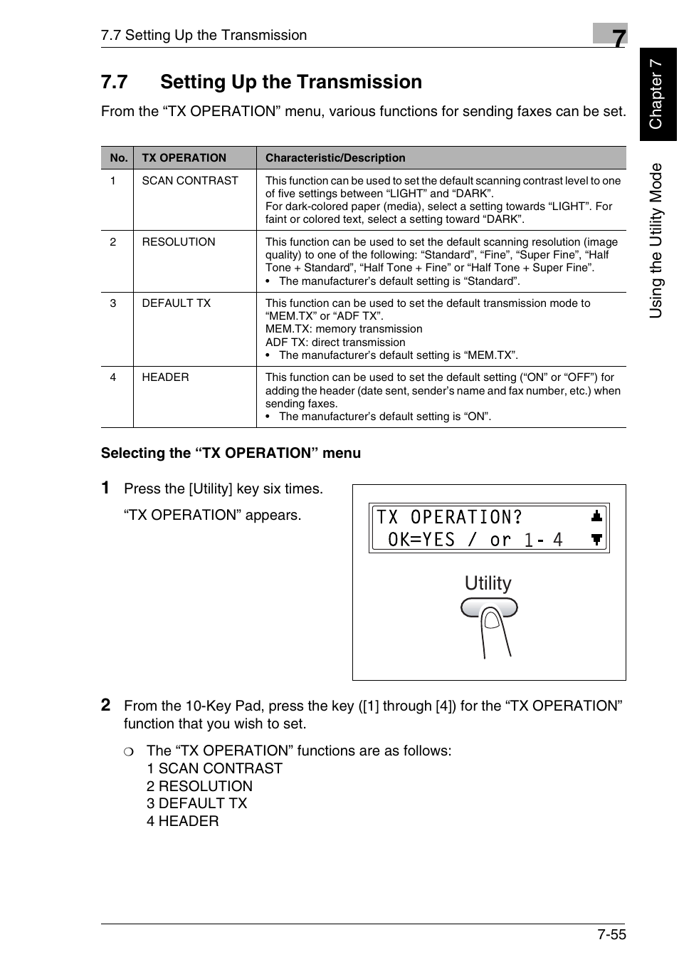 7 setting up the transmission, Utility | Minolta FAX2900 User Manual | Page 192 / 342