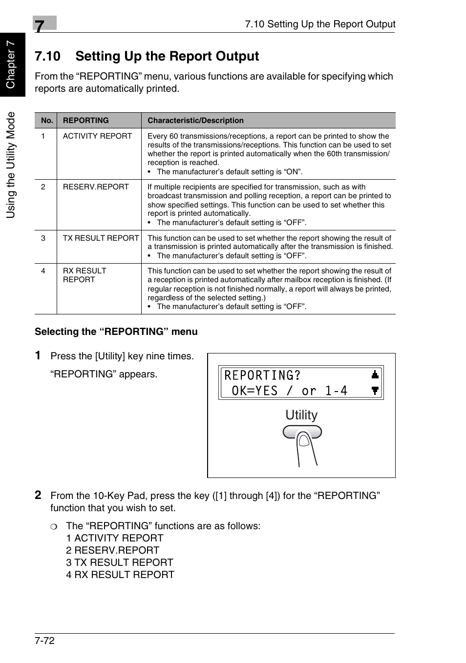 10 setting up the report output, Utility | Minolta FAX2900 User Manual | Page 209 / 342