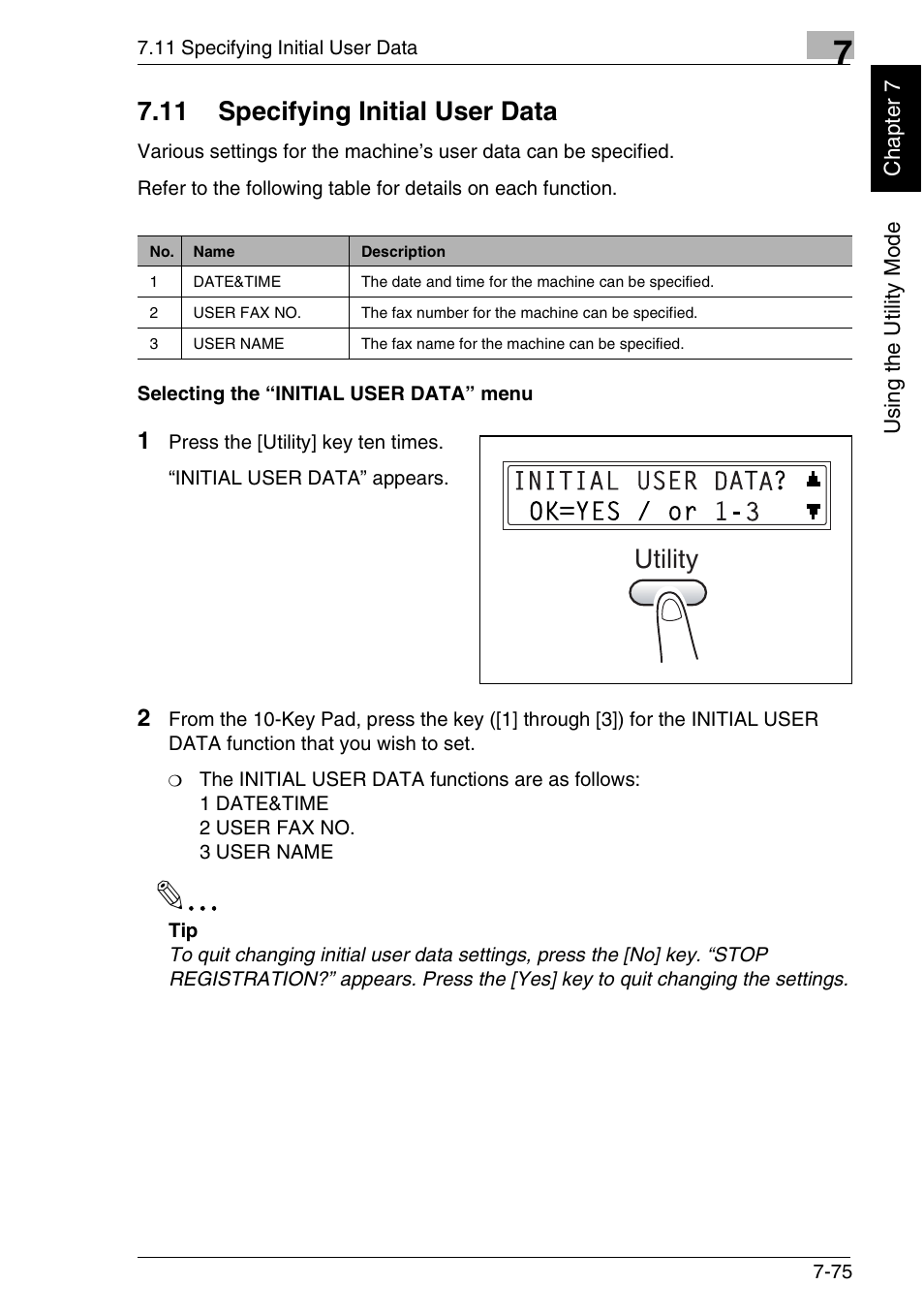 11 specifying initial user data, Utility | Minolta FAX2900 User Manual | Page 212 / 342