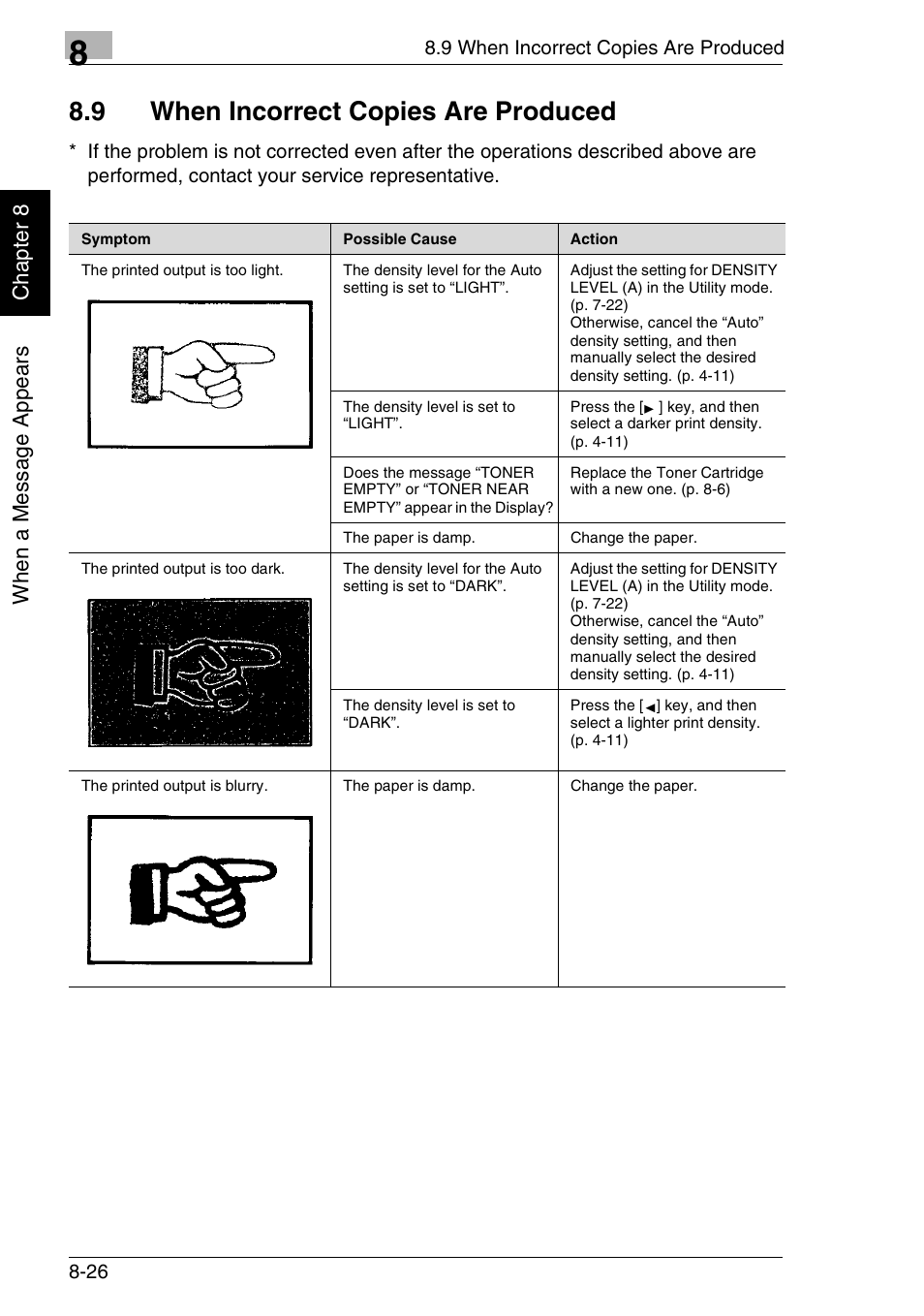 9 when incorrect copies are produced, Wh en a me ss ag e a ppea rs chap ter 8 | Minolta FAX2900 User Manual | Page 241 / 342