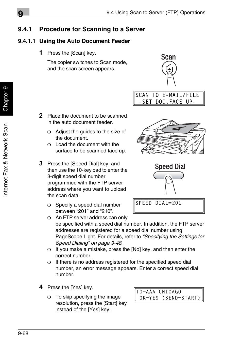 1 procedure for scanning to a server, 1 using the auto document feeder | Minolta FAX2900 User Manual | Page 315 / 342