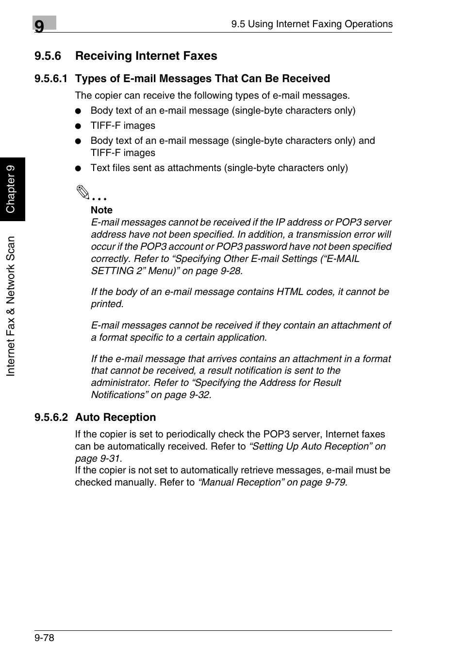 6 receiving internet faxes, 1 types of e-mail messages that can be received, 2 auto reception | Minolta FAX2900 User Manual | Page 325 / 342