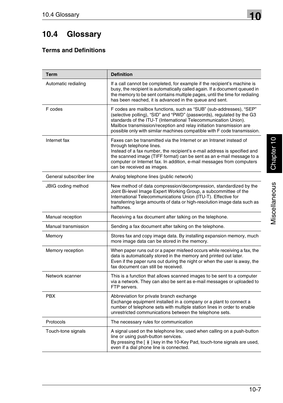 4 glossary, Mis c el lan eou s chap ter 10 | Minolta FAX2900 User Manual | Page 338 / 342