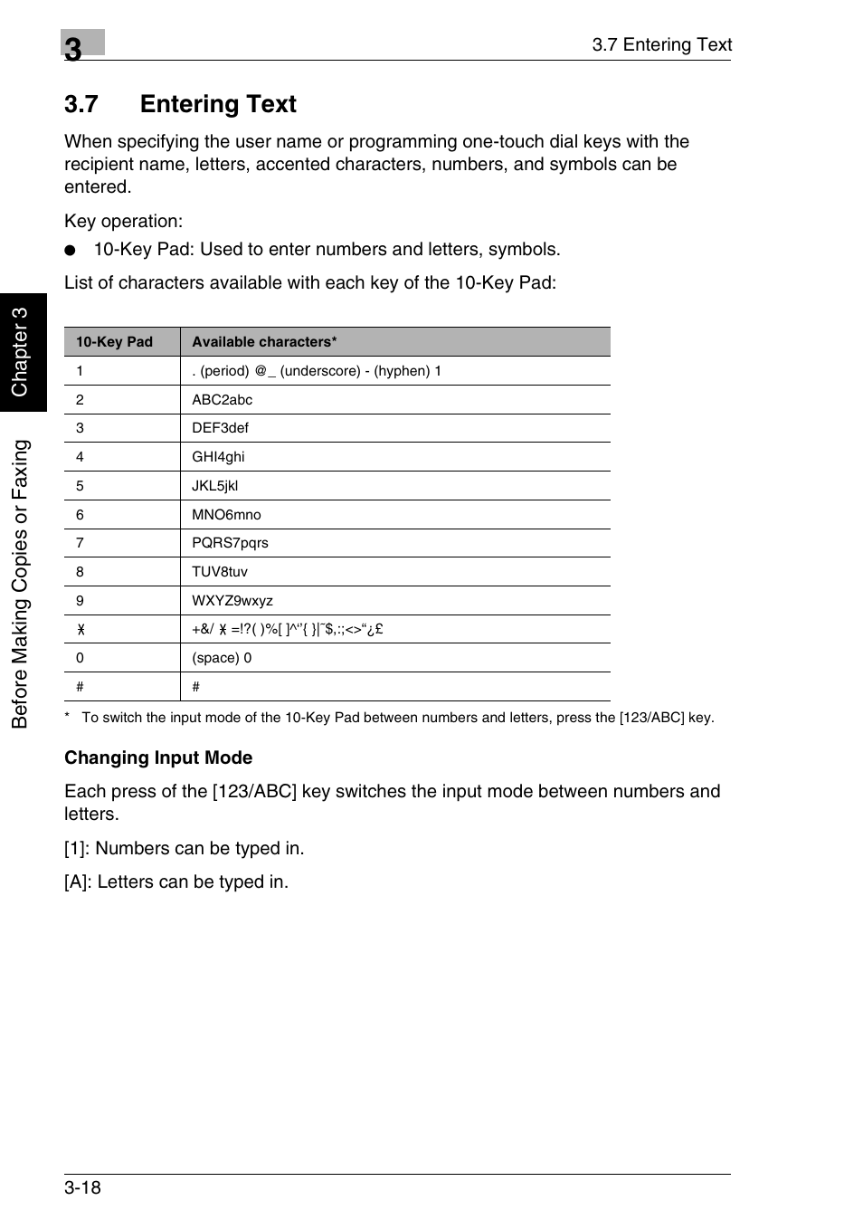 7 entering text, Bef or e ma ki ng c opi es or f ax ing ch apte r 3 | Minolta FAX2900 User Manual | Page 57 / 342