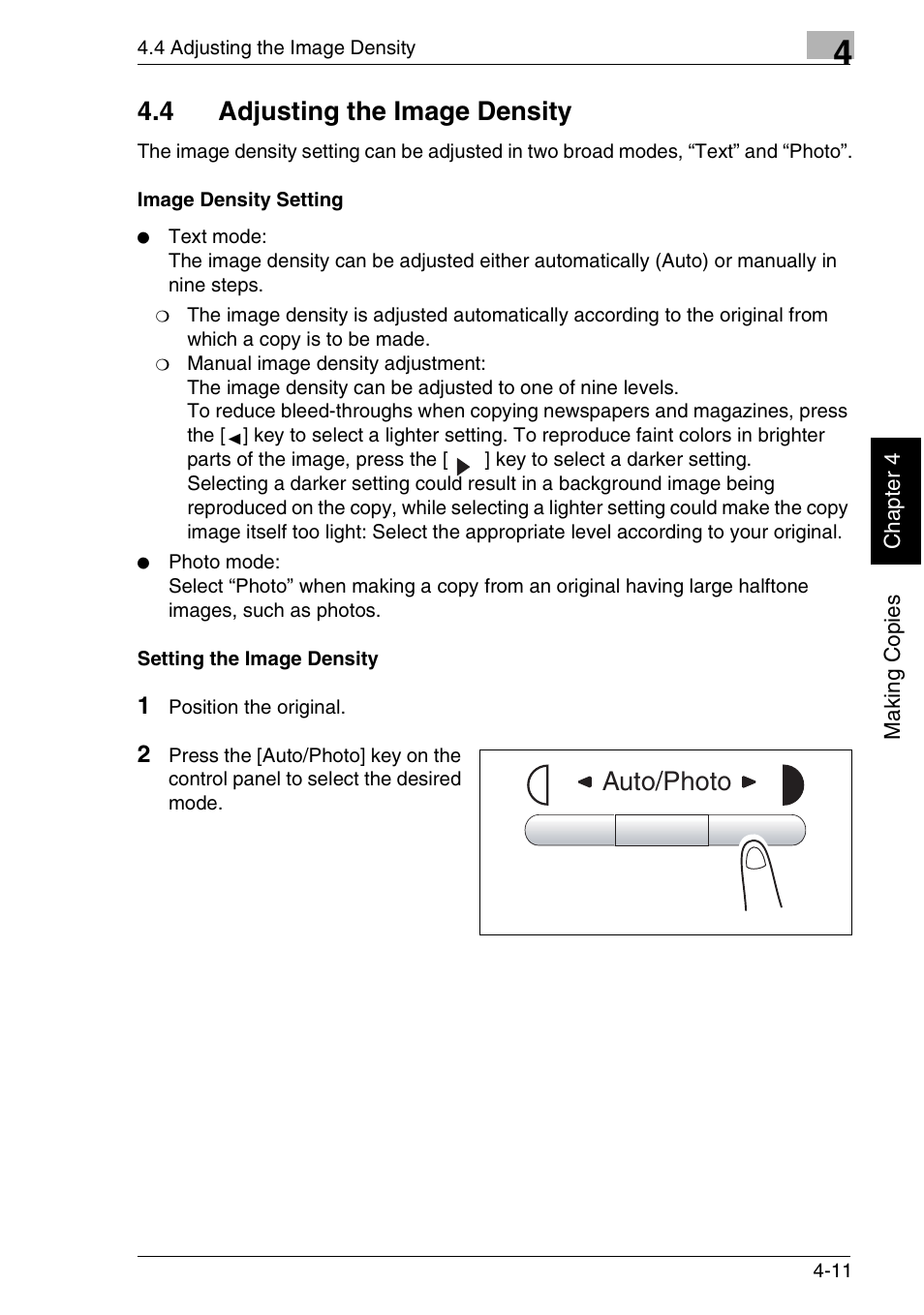 4 adjusting the image density, Auto/photo | Minolta FAX2900 User Manual | Page 88 / 342