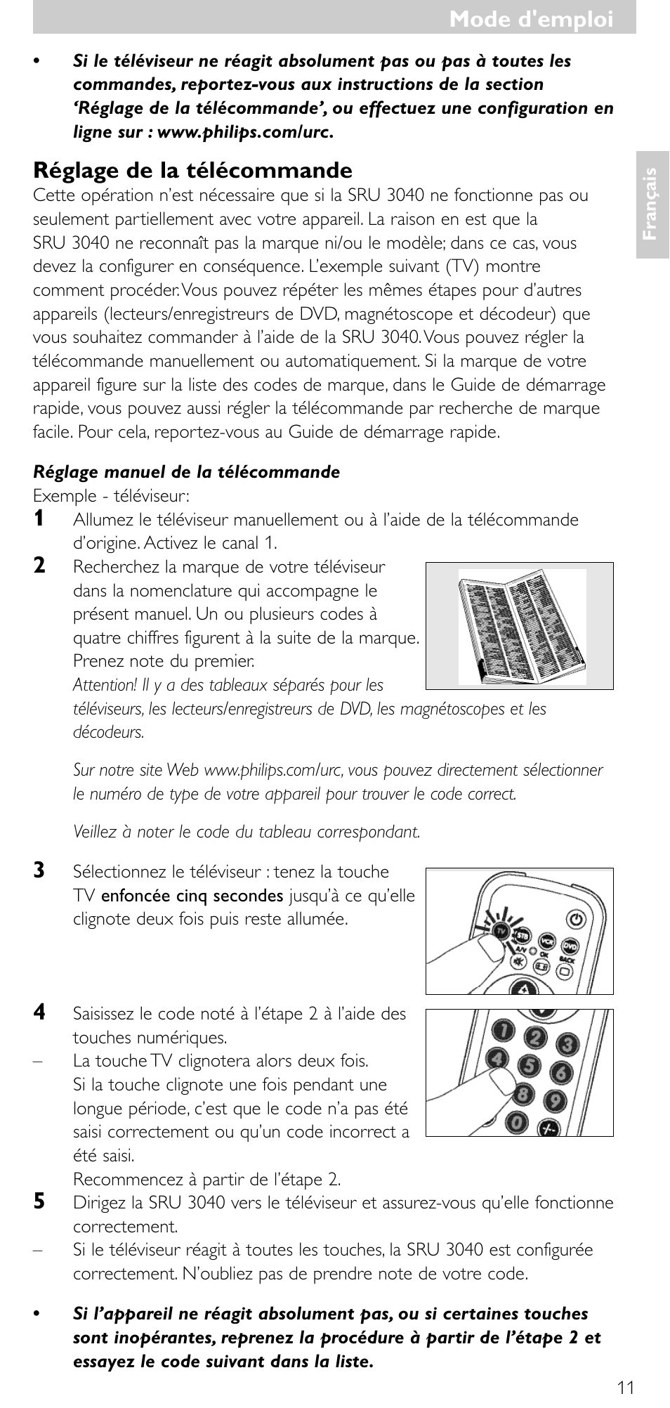 Mode d'emploi, Réglage de la télécommande | Minolta SRU 3040/10 User Manual | Page 10 / 119