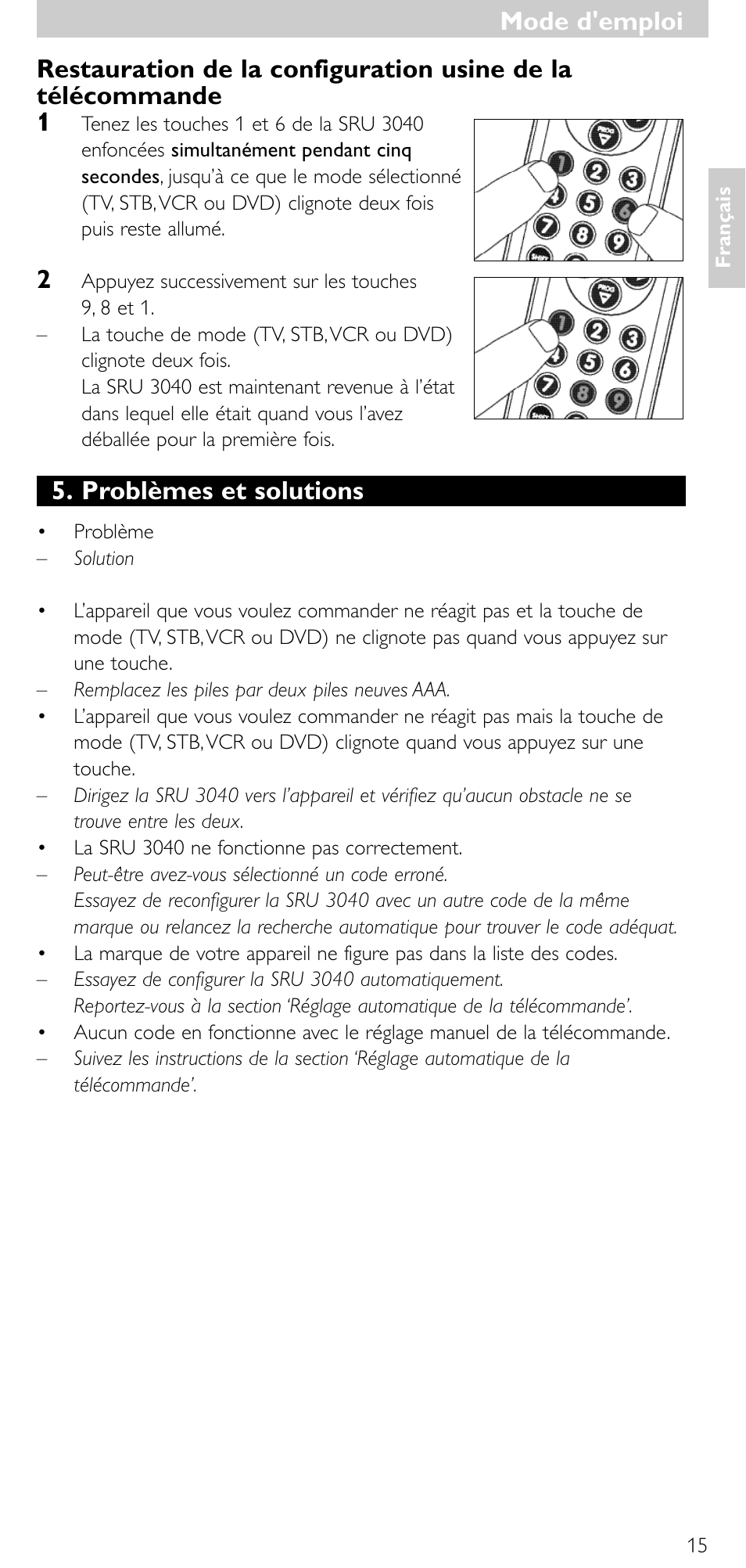 Mode d'emploi, Problèmes et solutions | Minolta SRU 3040/10 User Manual | Page 14 / 119