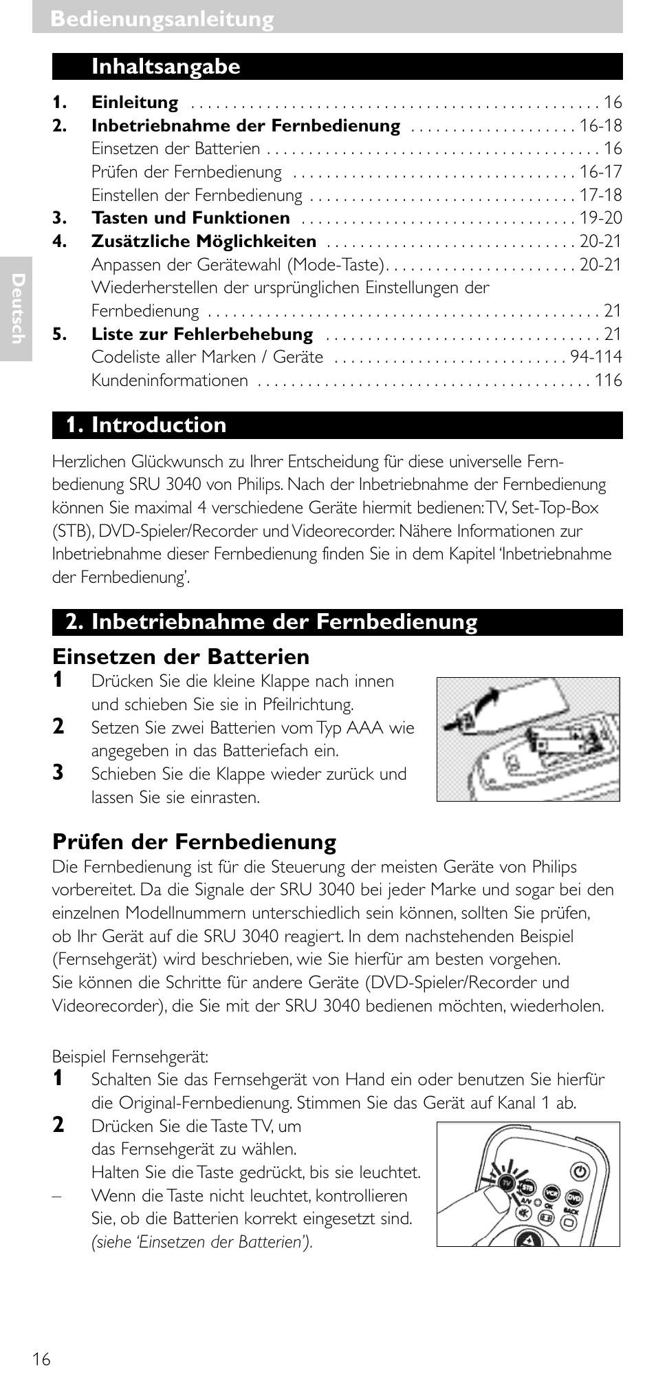 Inhaltsangabe, Introduction, Prüfen der fernbedienung | Bedienungsanleitung | Minolta SRU 3040/10 User Manual | Page 15 / 119